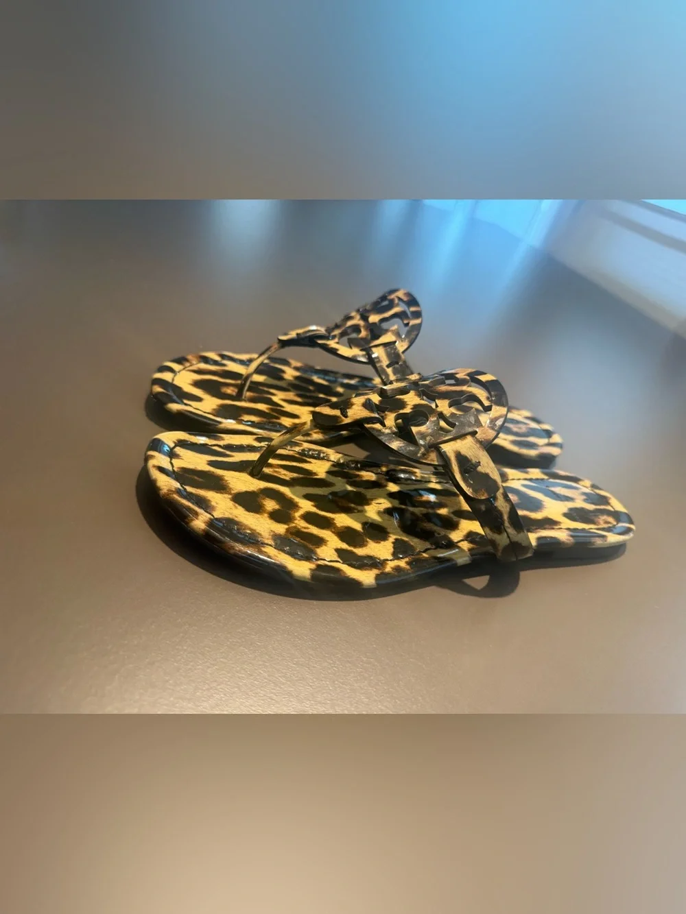 Tory Burch Patent Leather Leopard-Print Miller Thong Sandal Brown/Black Size 8